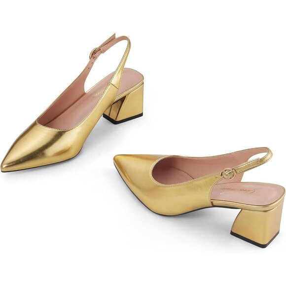 Women Slingback Gold Toe Block Heel Pumps Low Heel Office Wedding Dress Shoes - Picture 6 of 7